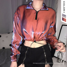 High Quality Sports Sweatshirts Pullover Turndown Sweatshirt Outfit Reflective Top Shinny Cropped Sweatshirt With Drawcord